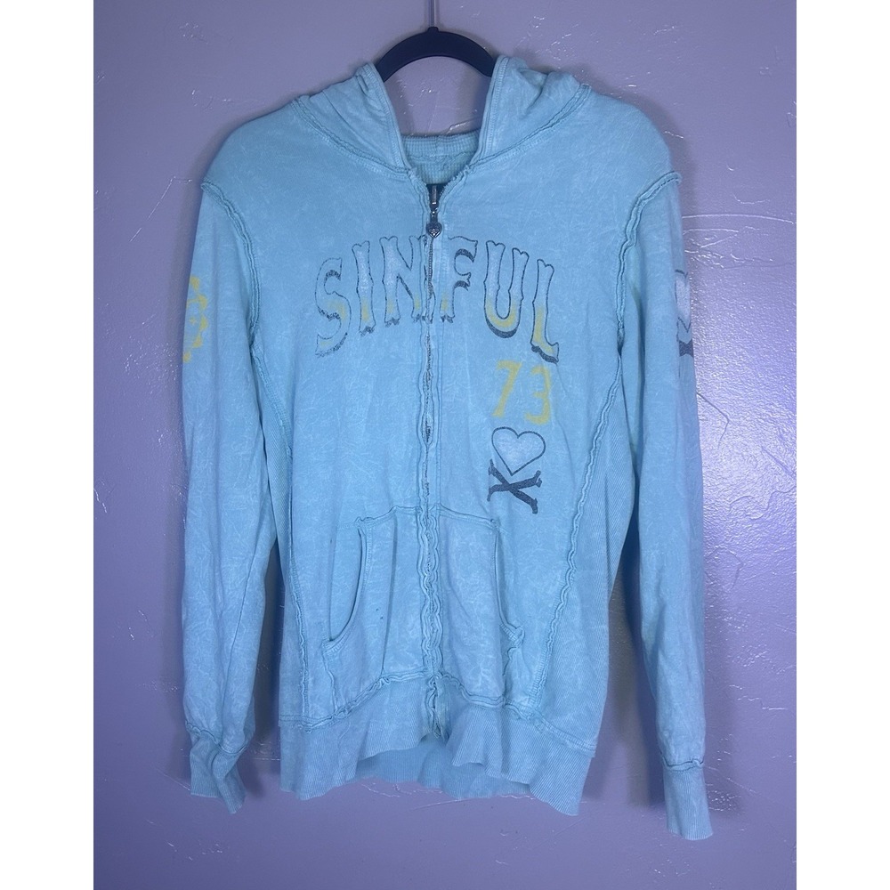 Y2K vintage Sinful by Affliction Angel blue distressed zip-up Reversible hoodie